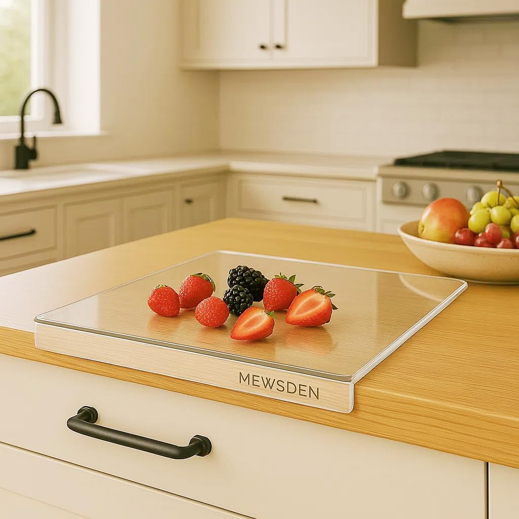 MEWSDEN clear cutting board with counter lip for crisp counter protection during prep.