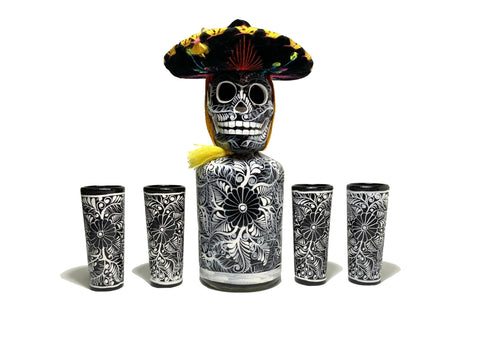 Mexskeletons tequila decanter set with shot glasses and skull sombrero elevates home bar decor