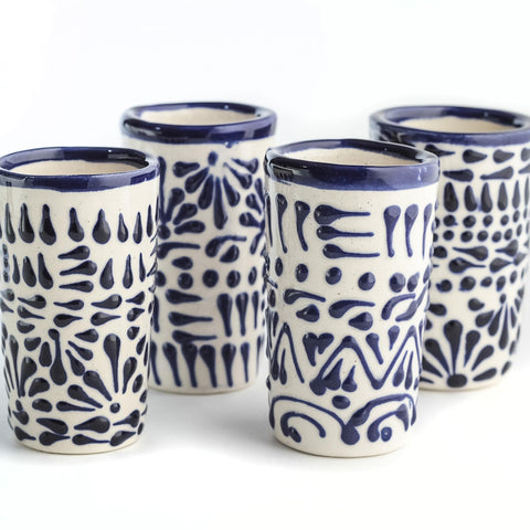 MEXTEQUIL Talavera blue lace shot glass for festive tequila servings.