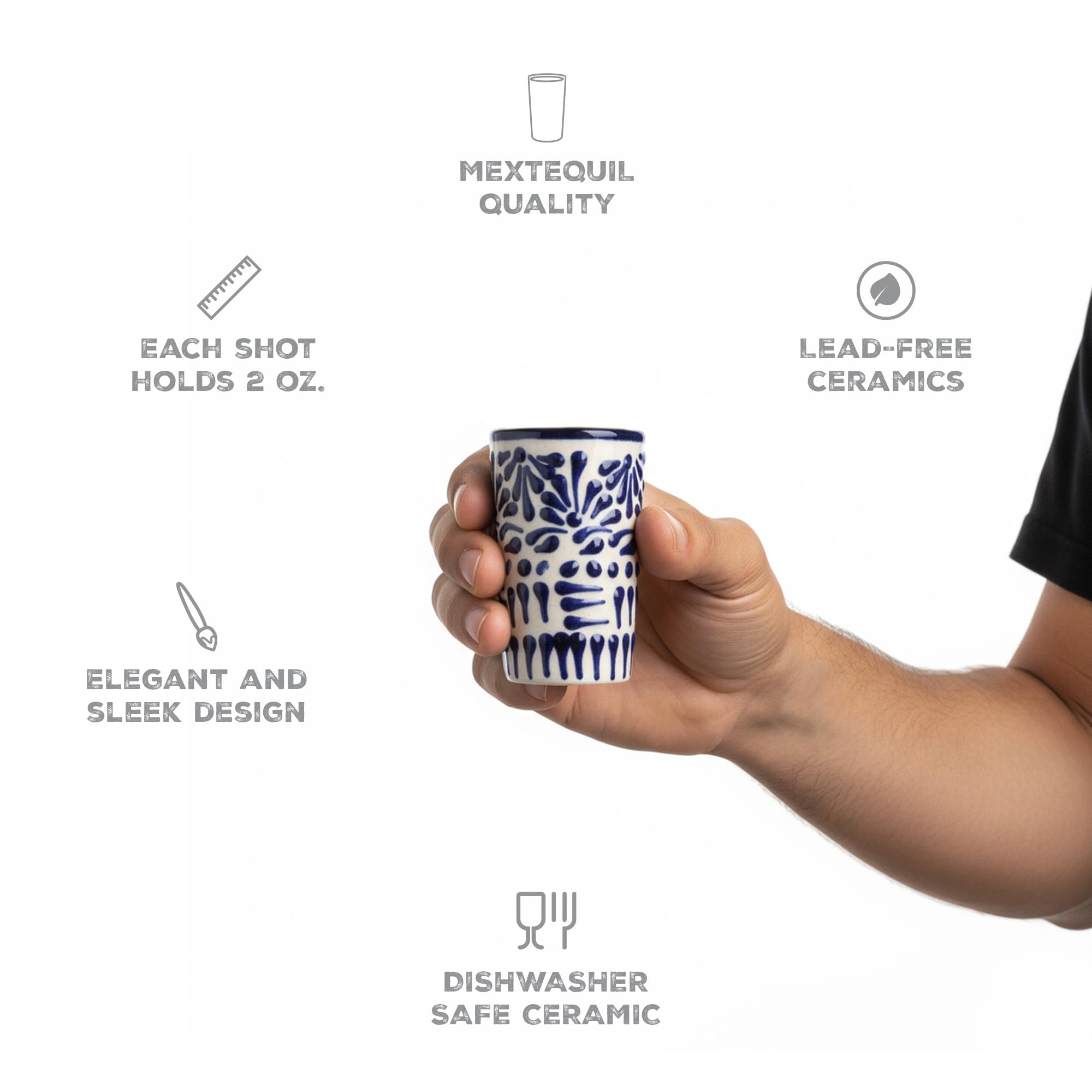 MEXTEQUIL Talavera blue lace shot glass adds vibrant color to celebrations.