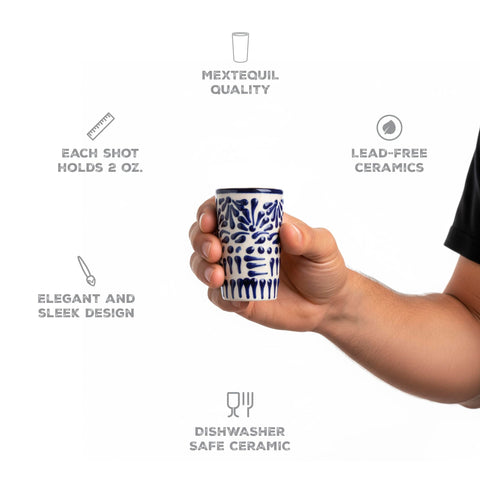 MEXTEQUIL Talavera blue lace shot glass adds vibrant color to celebrations.