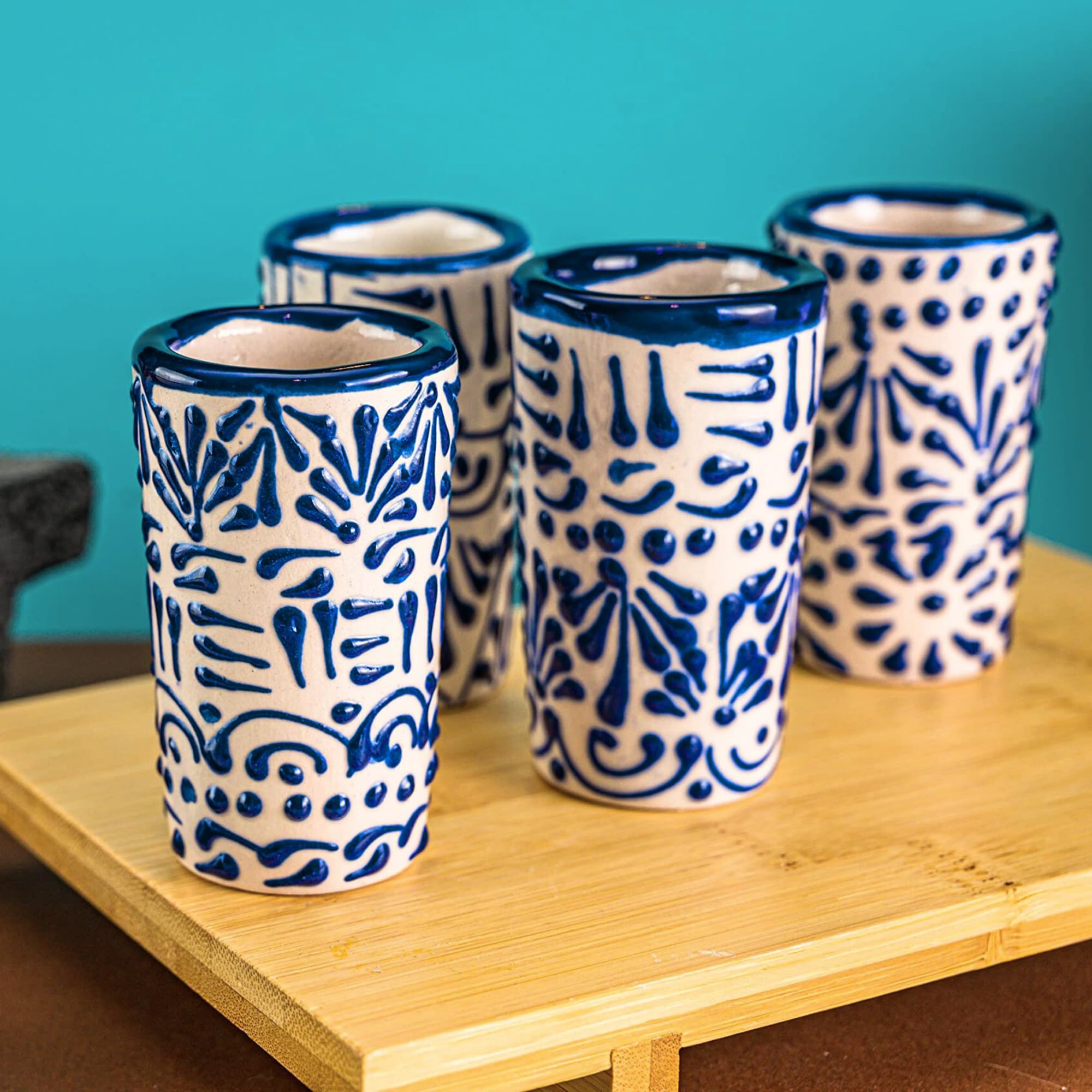 MEXTEQUIL Talavera blue lace shot glass enhances mezcal tastings.