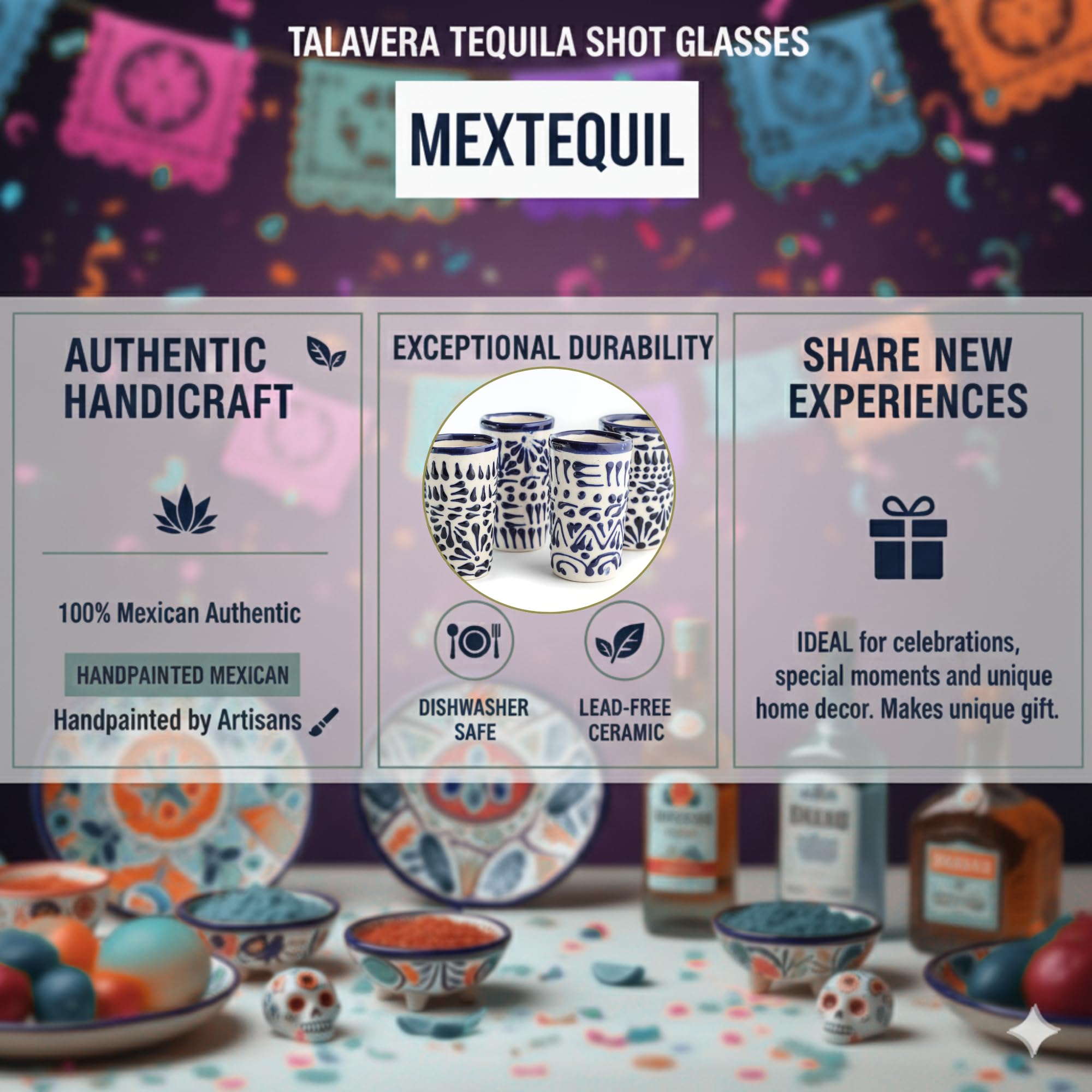 MEXTEQUIL Talavera blue lace glass highlights artisanal craftsmanship.