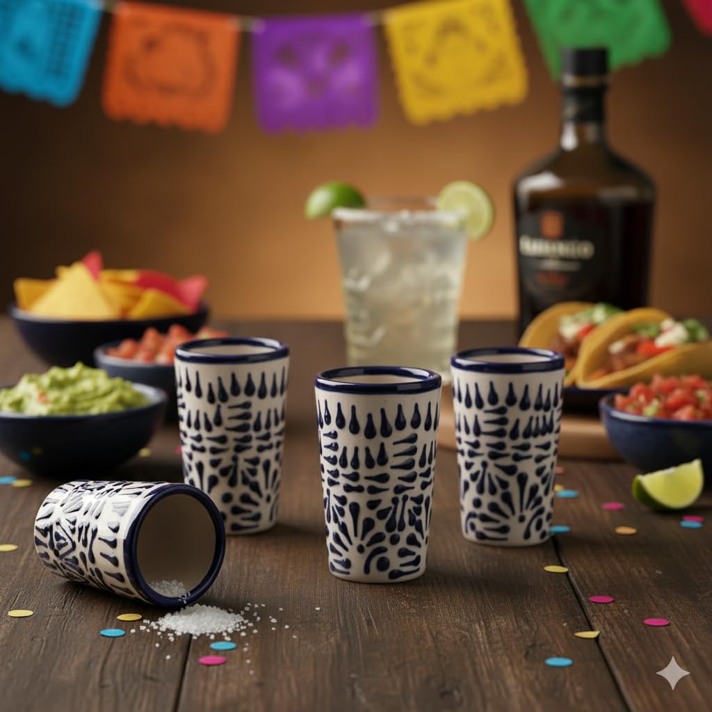 MEXTEQUIL Talavera blue lace shot glass elevates gatherings at home.