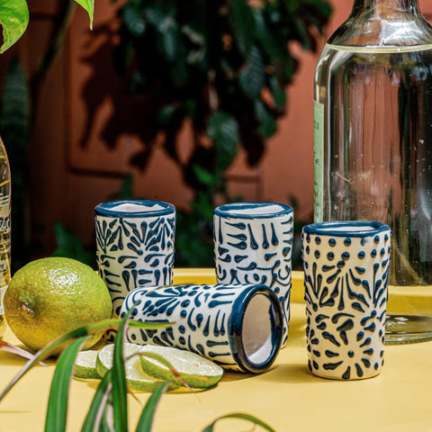 MEXTEQUIL Talavera blue lace glass set makes a thoughtful gift.