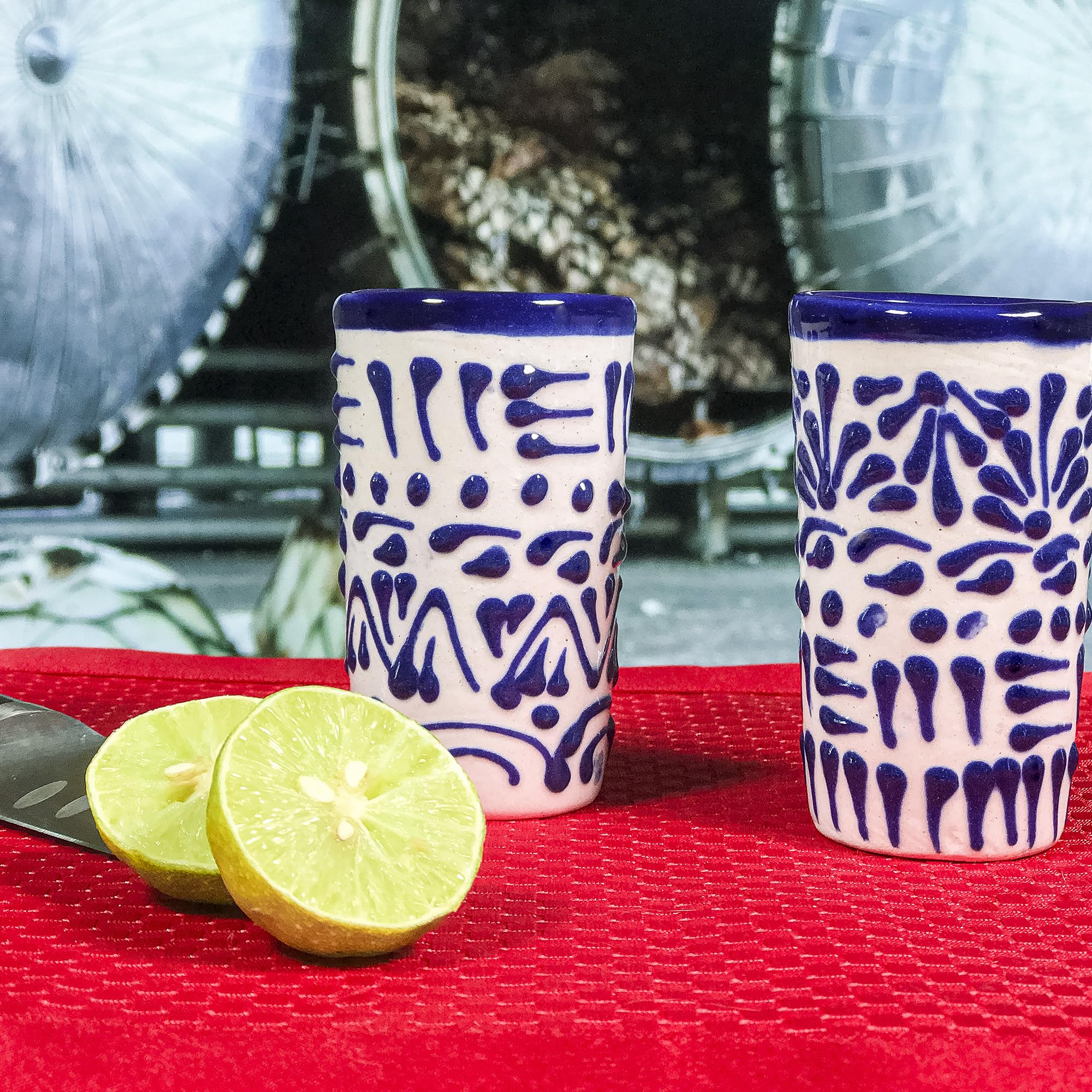 MEXTEQUIL Talavera blue lace shot glass features lead-free durability.