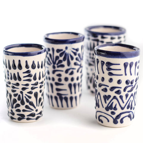 MEXTEQUIL Talavera blue lace shot glass celebrates artisan variation.