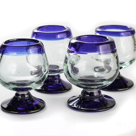 MEXTEQUIL 4-shot set with cobalt rim, ideal for tequila tastings and festive gatherings.