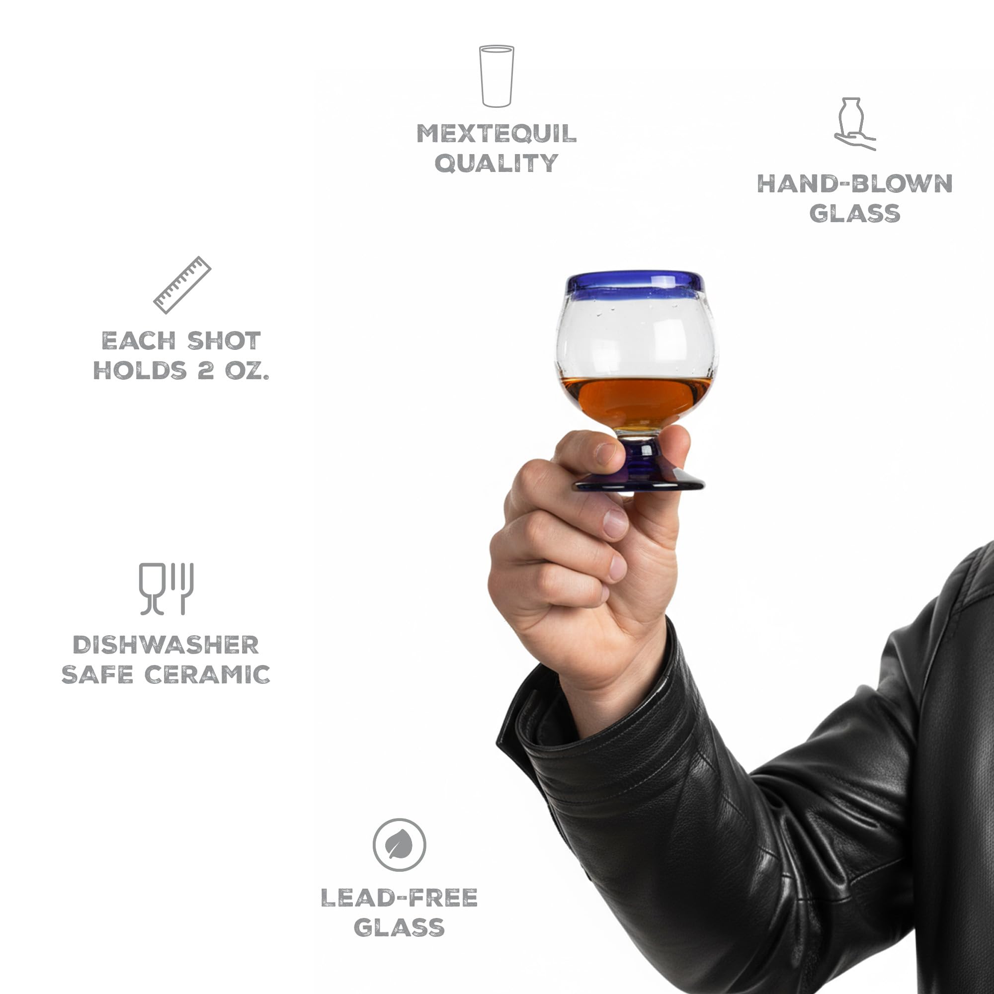 MEXTEQUIL hand-blown shot glass with Tonala design for sharing.