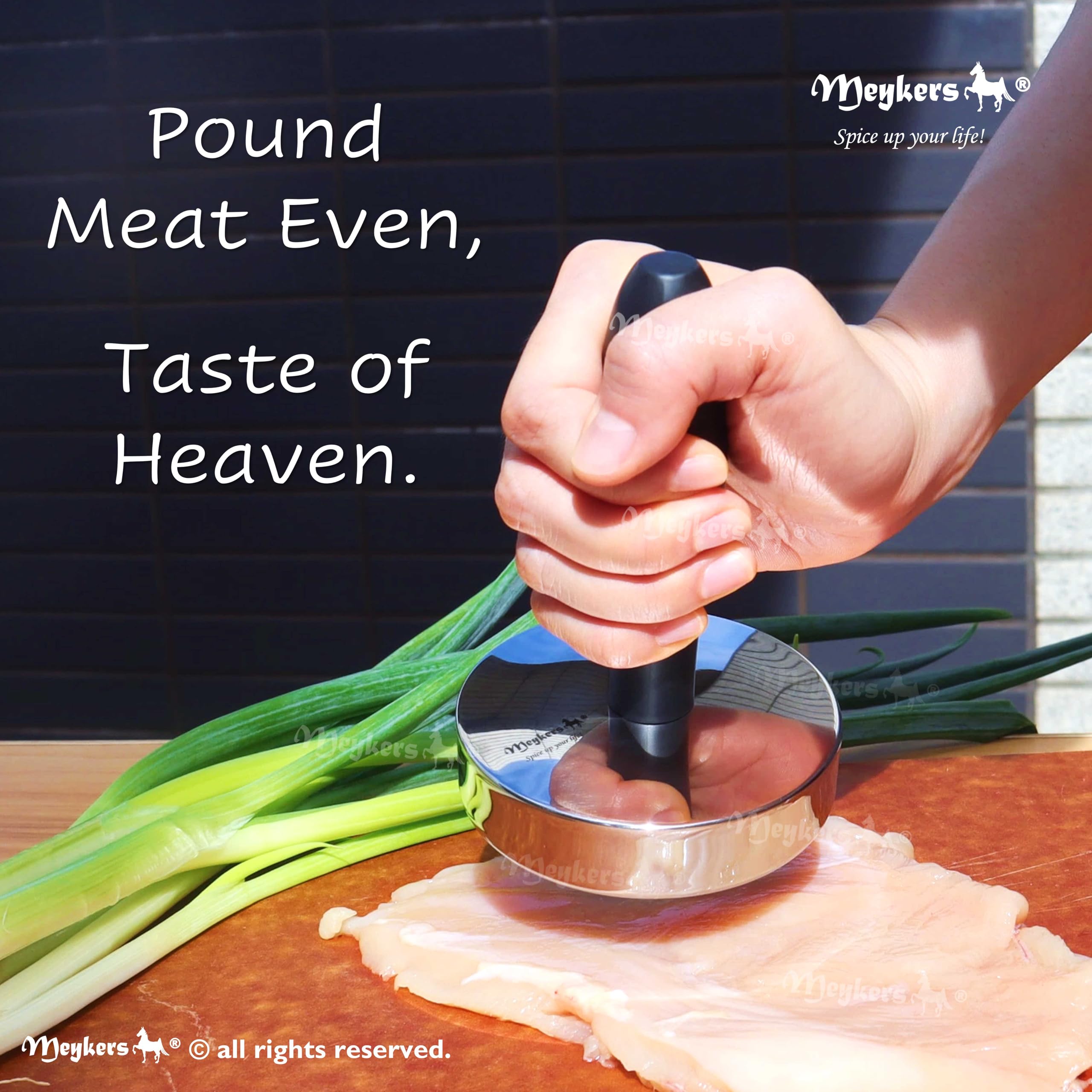 Heavy-duty 1.85 lb Meykers tenderizer enables consistent meat flattening.
