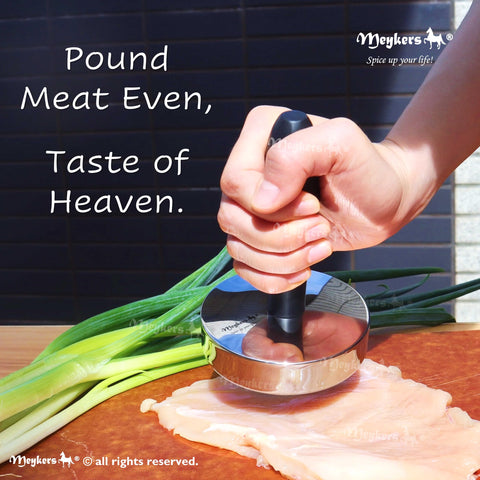 Heavy-duty 1.85 lb Meykers tenderizer enables consistent meat flattening.