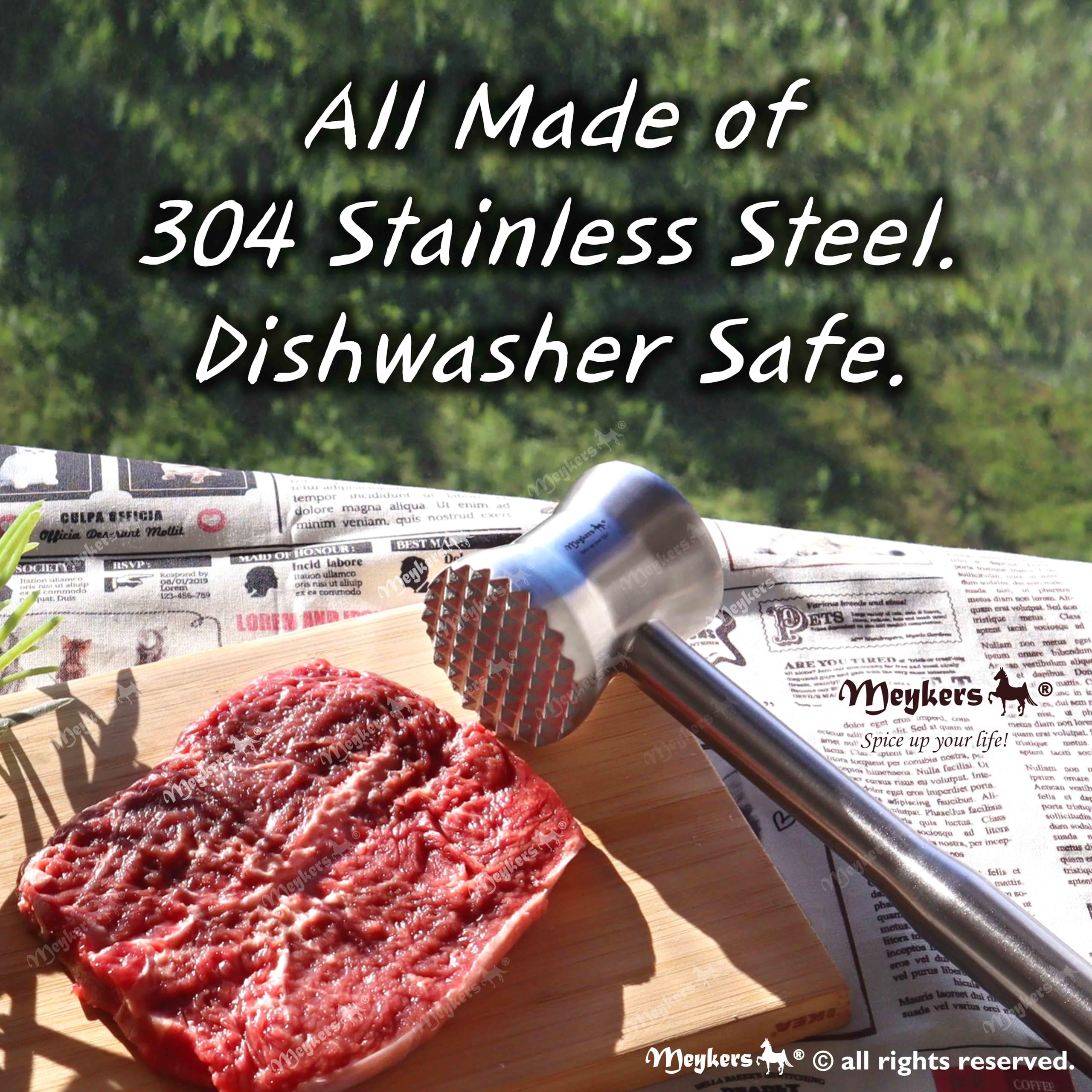 Meykers mallet's balanced weight helps flatten steaks and poultry with ease.