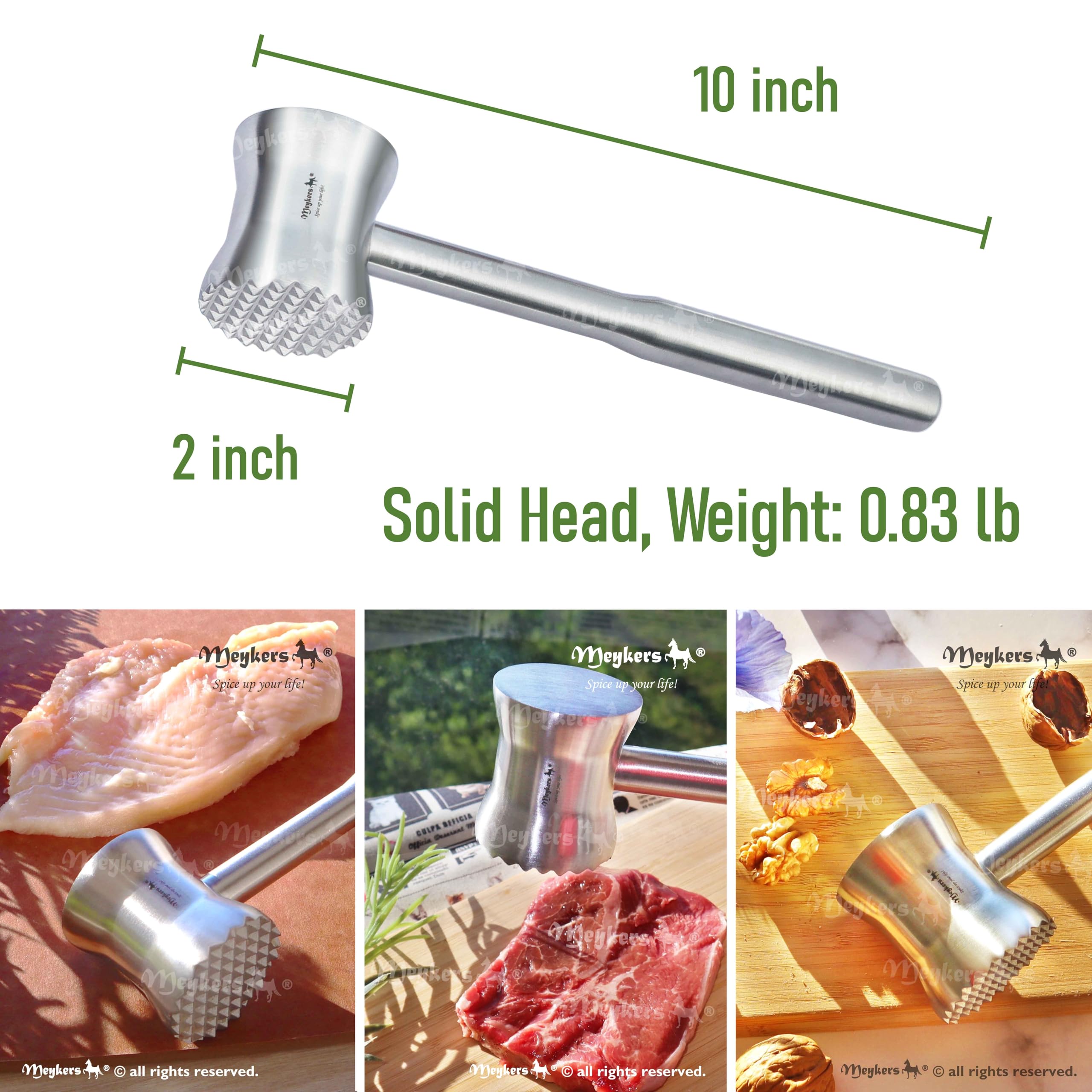 Meykers dual-sided heads offer versatile tenderizing for different cuts.