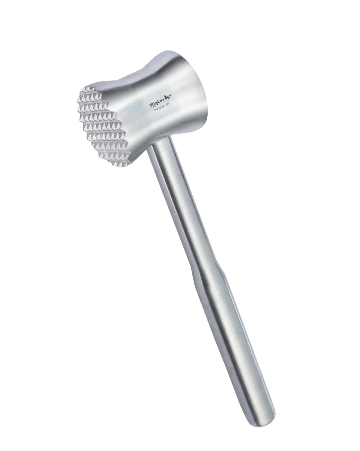 Meykers meat tenderizer mallet with solid stainless steel head for even tenderizing.