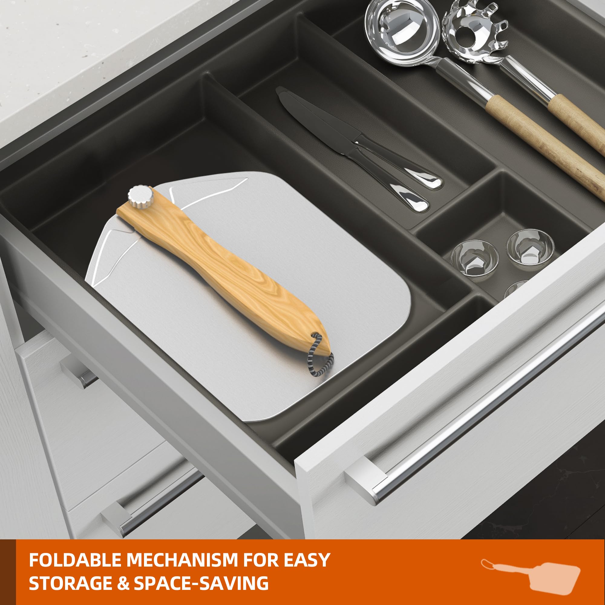 Meykwod pizza peel in action for safe oven transfer of pizza