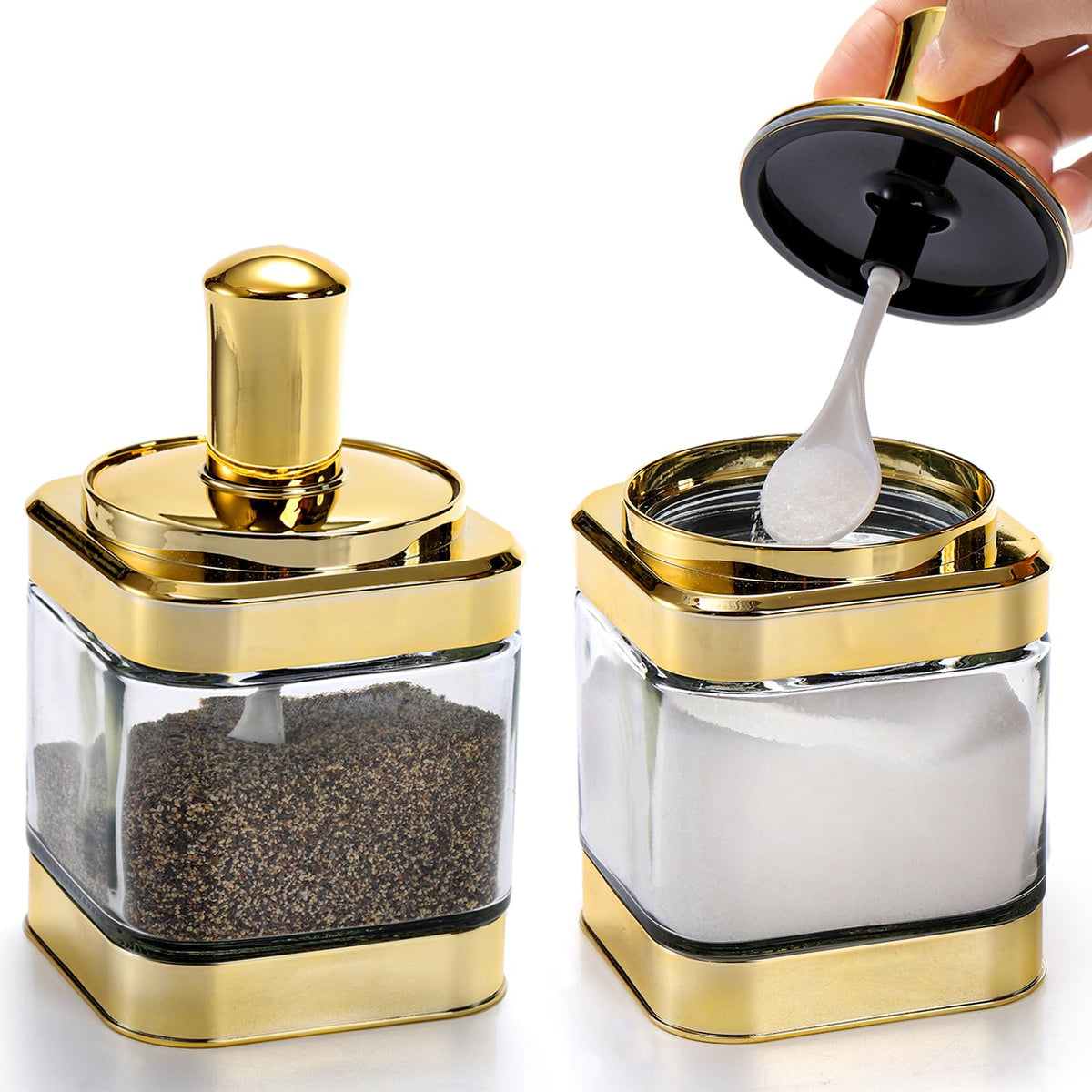 Mezchi 2-pack glass condiment pots with clear glass for quick ingredient checks.