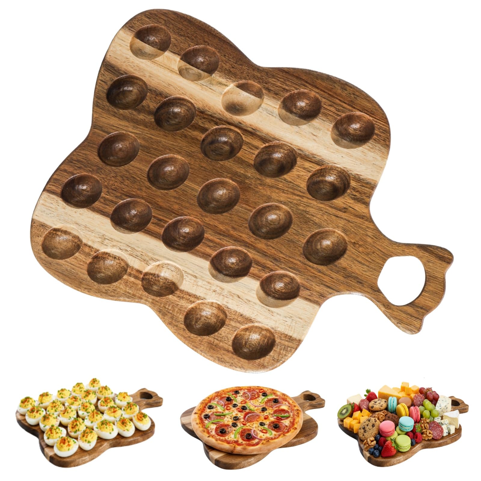 Mezchi acacia wood deviled egg tray with 25 slots keeps appetizers neatly organized.