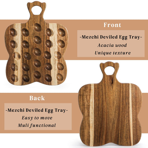 Mezchi deviled egg holder with slots displays eggs neatly for gatherings.