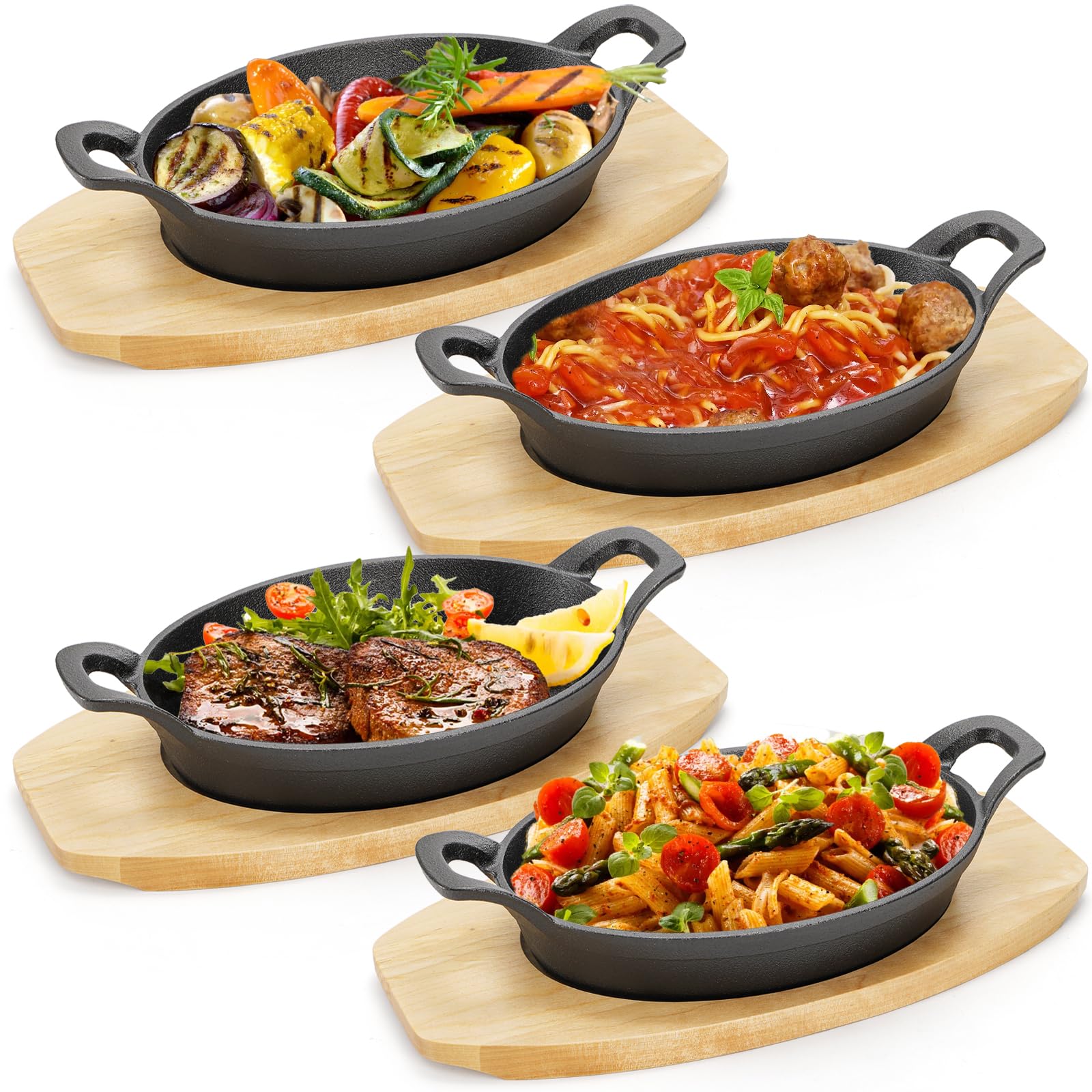 Mezchi four-pack cast iron fajita skillets deliver even heat for sizzling meals.