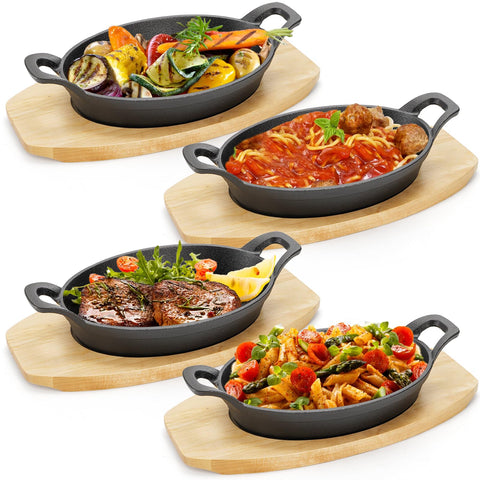 Mezchi four-pack cast iron fajita skillets deliver even heat for sizzling meals.
