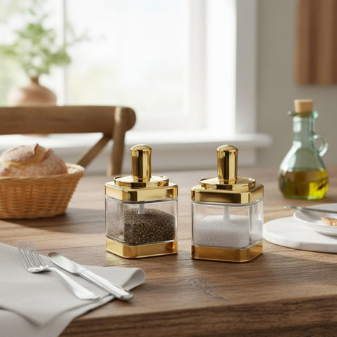 Mezchi sugar dispensers with gold lids add elegant storage for tea and coffee.