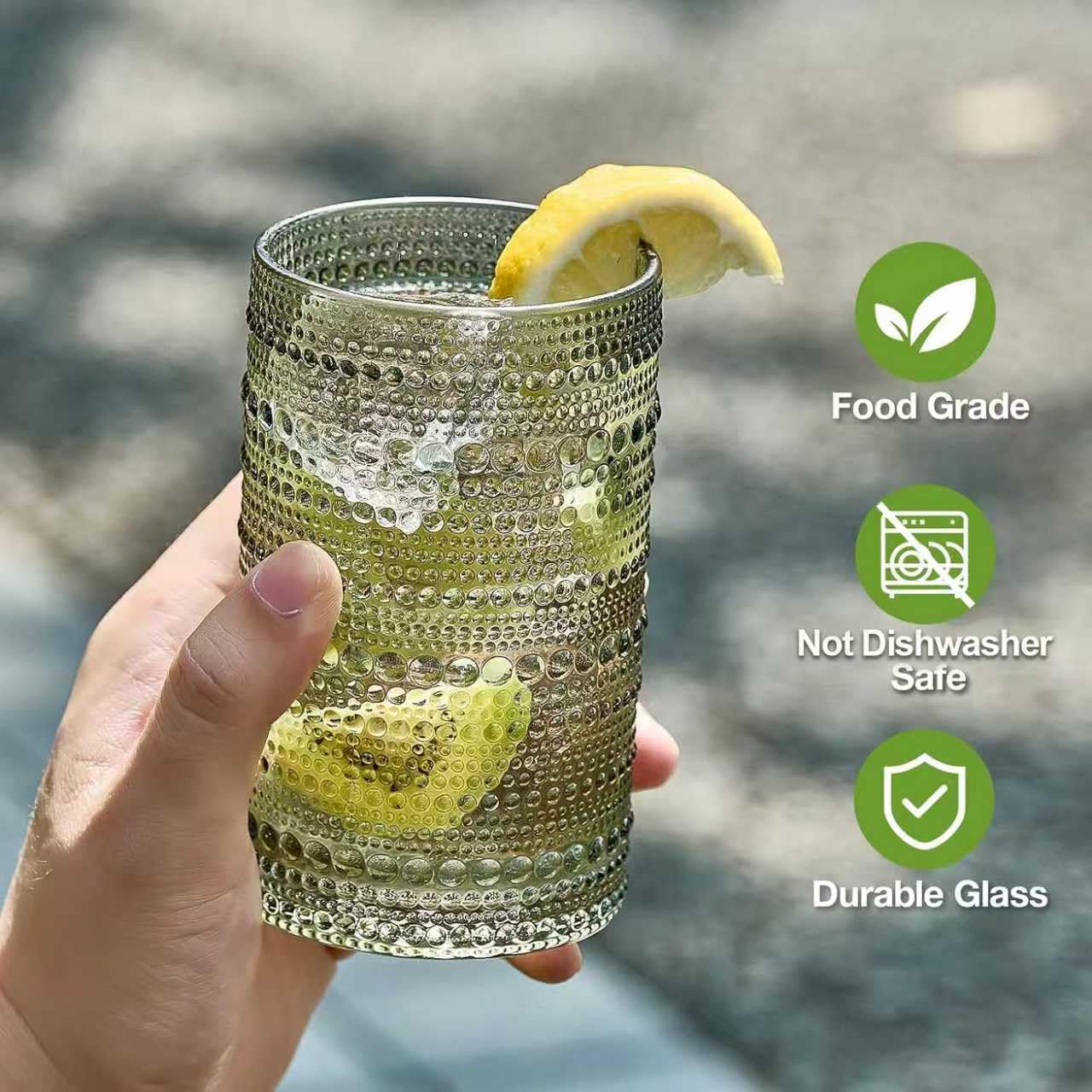 Mfacoy 12oz drink glass designed for cocktails, juice, and iced drinks.