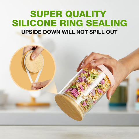 Mfacoy 17-ounce borosilicate glass jar with attached spoon for easy measuring.