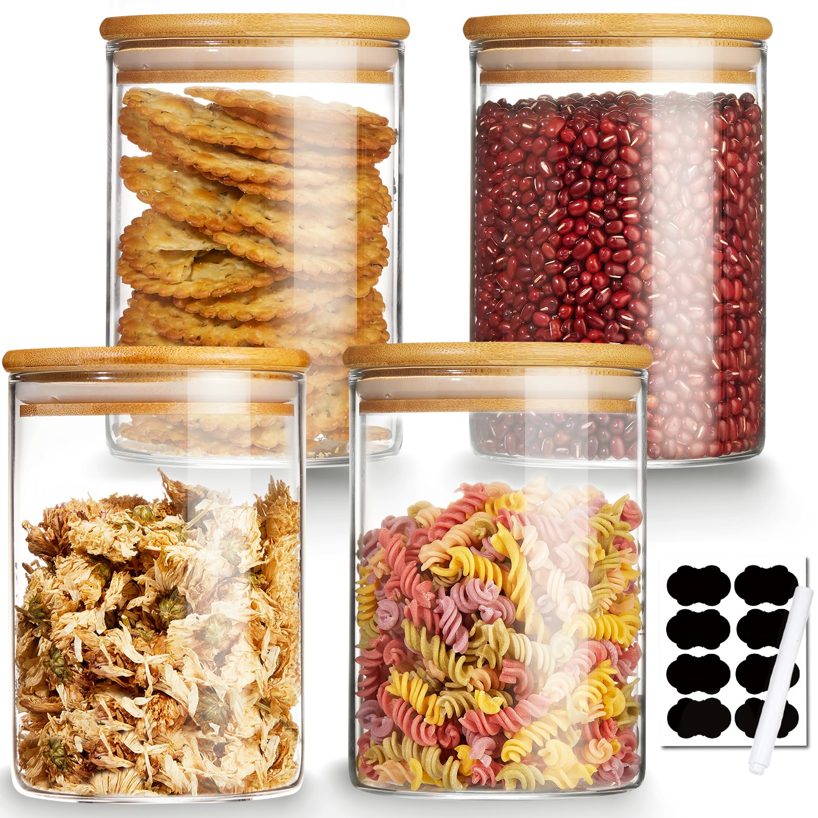 Mfacoy 4-pack glass storage jars with airtight bamboo lid for easy pantry organization.