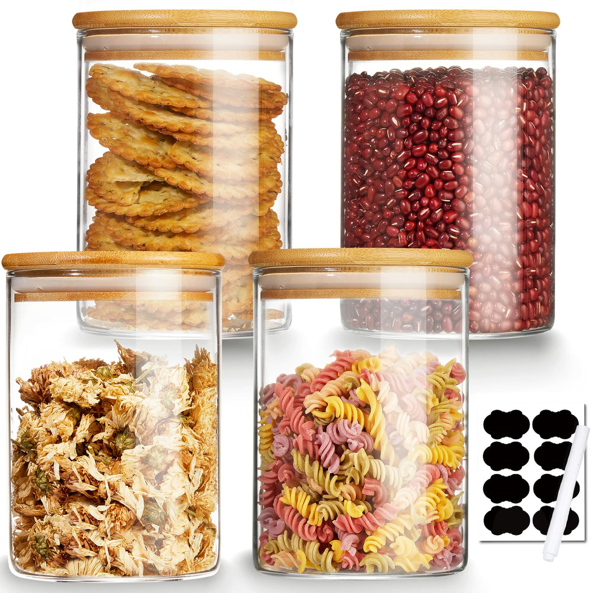 Mfacoy 4-pack glass storage jars with airtight bamboo lid for easy pantry organization.