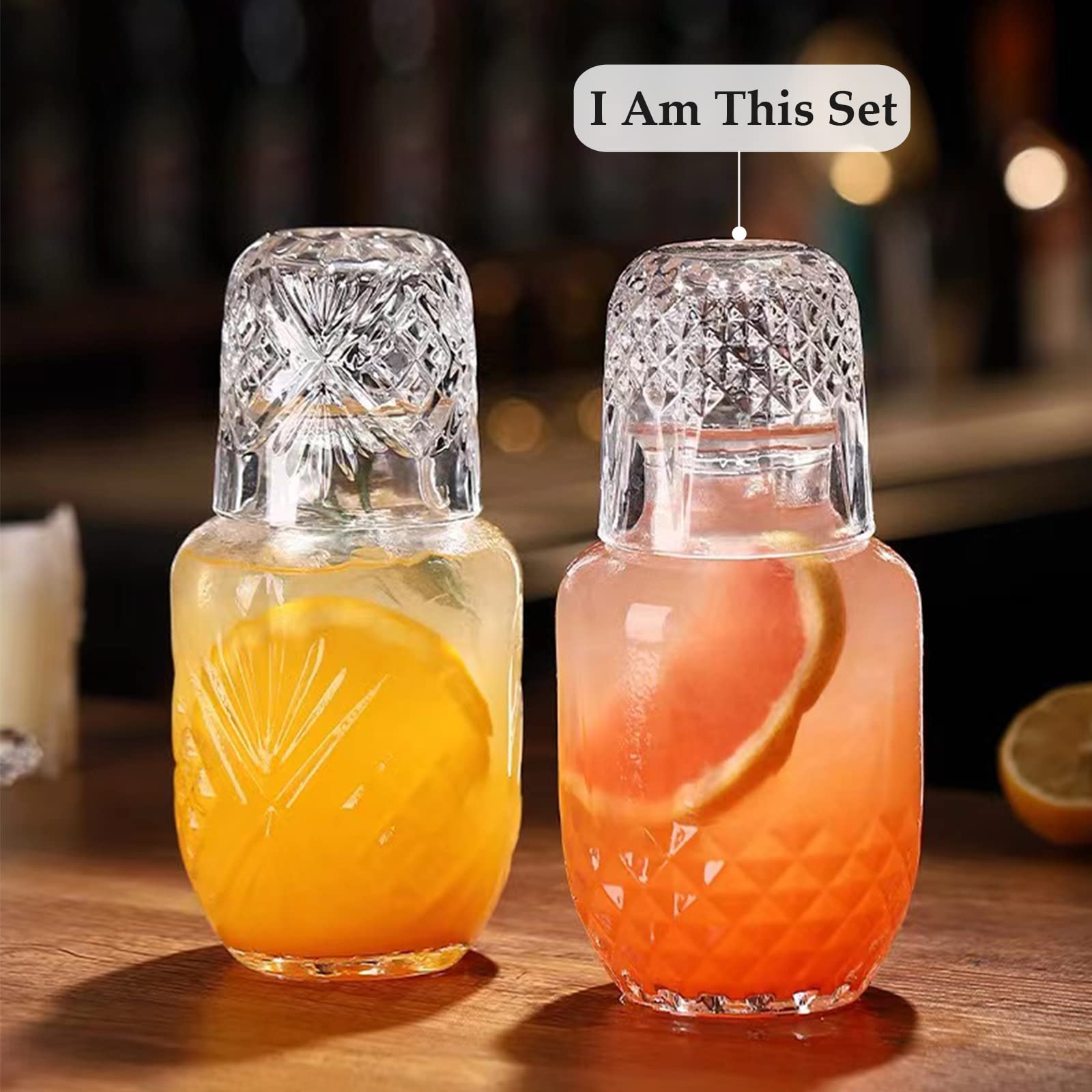 Mfacoy 5 oz glass tumbler beside the carafe for easy night sipping.