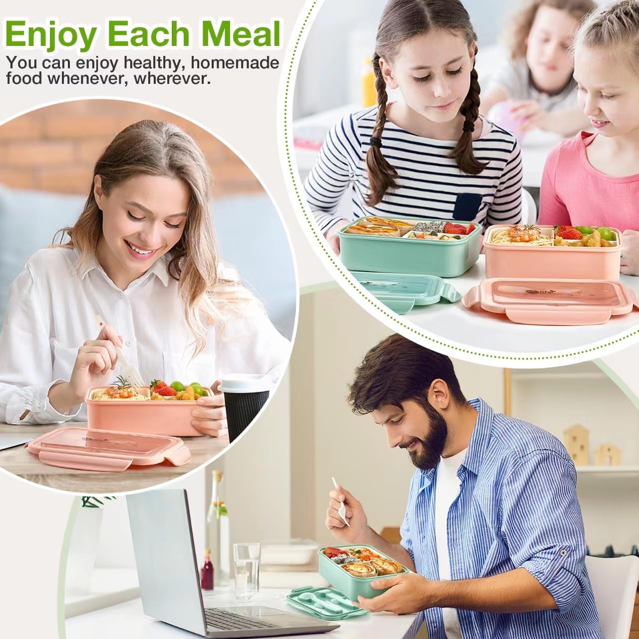 Mfacoy bento box lid with four latches ensures secure transport.