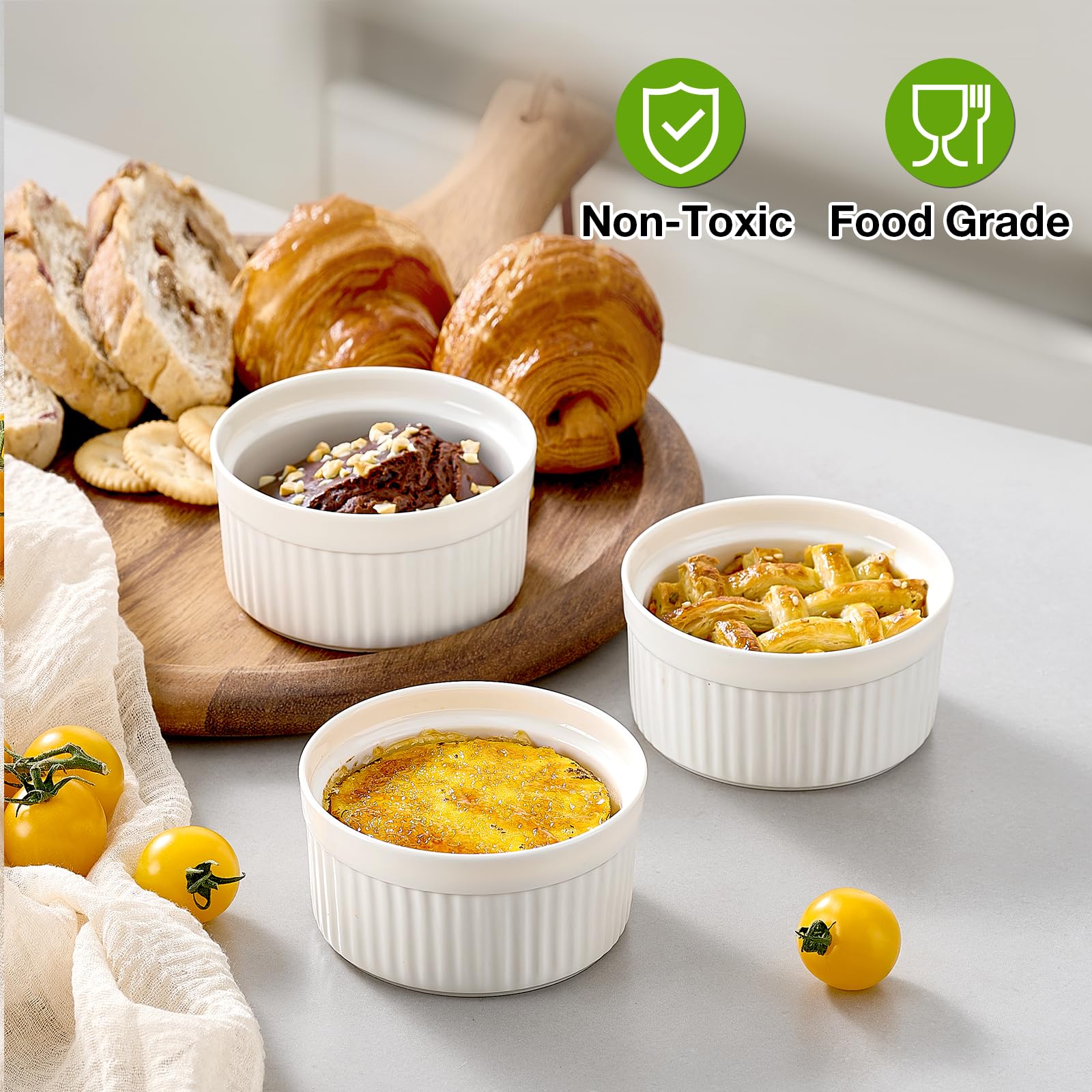 Mfacoy porcelain ramekins shown as oven-safe dishware.