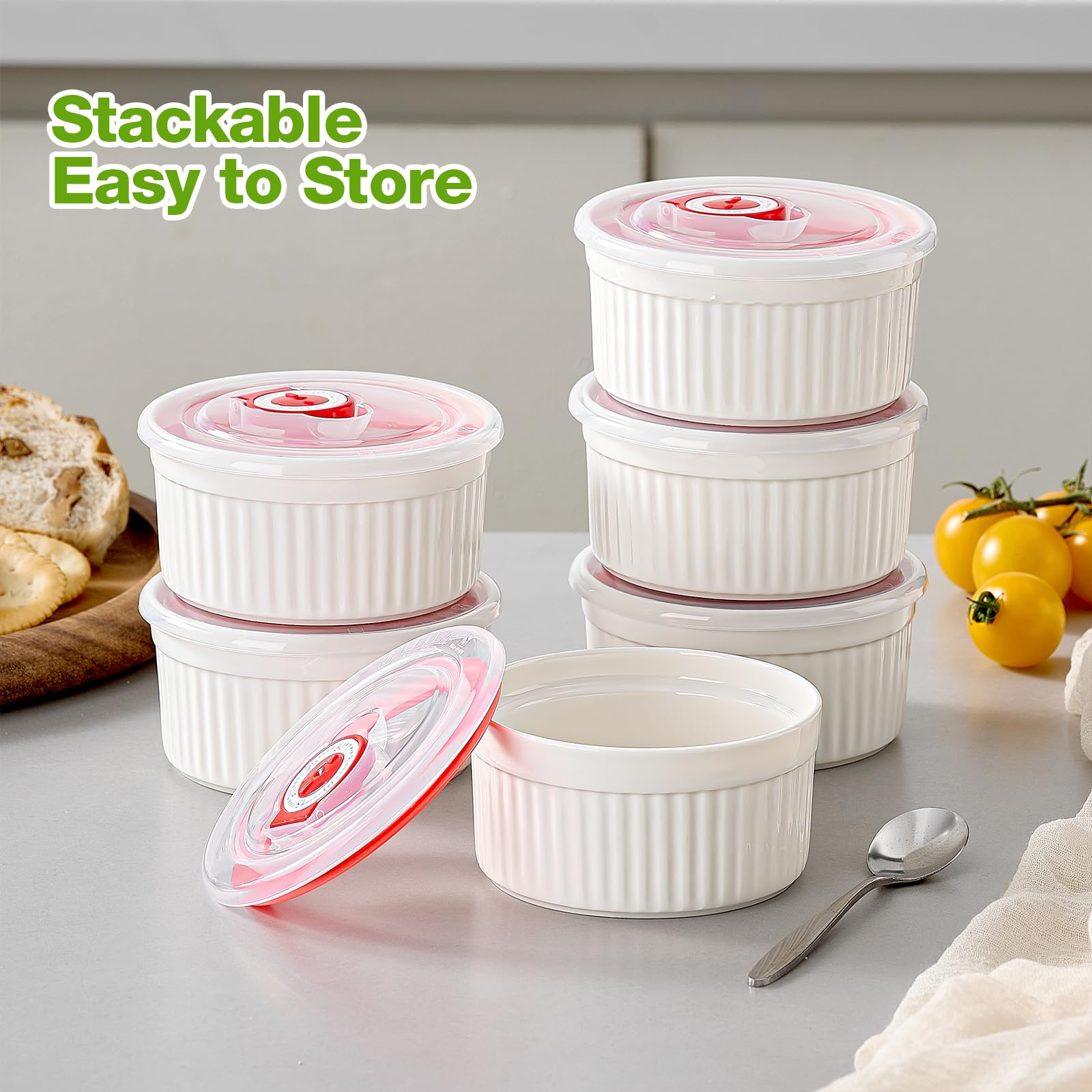 Mfacoy ramekins stack neatly for space-saving storage.