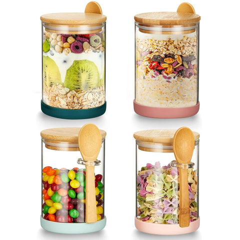 Mfacoy set of 4 airtight glass jars with bamboo lids keeps ingredients fresh and organized.
