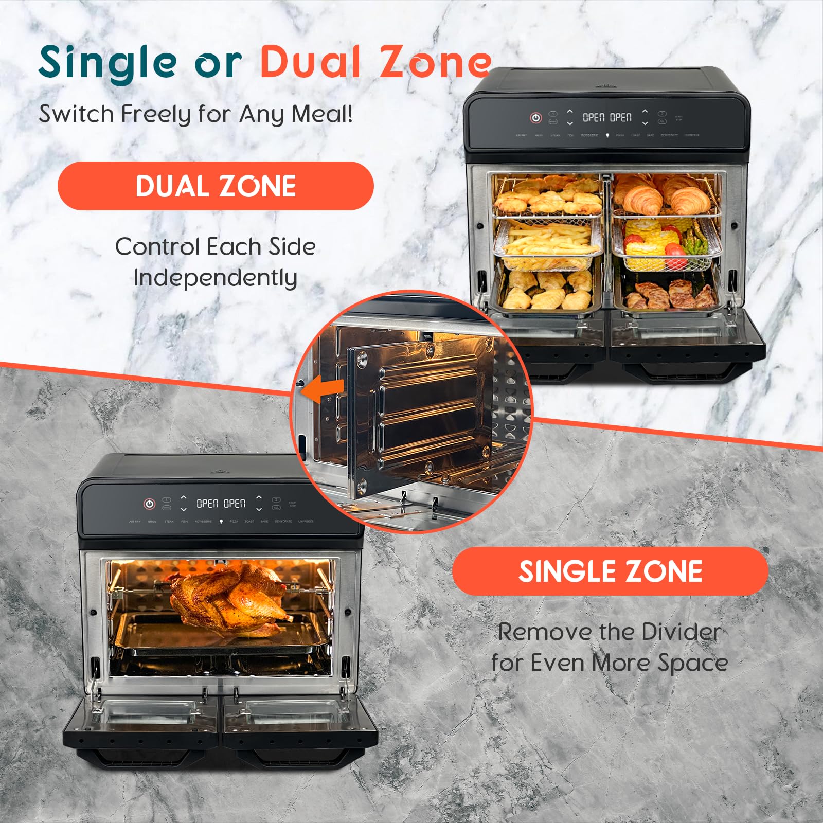 MFVV dual-zone divider inside view illustrating separate zones for different dishes