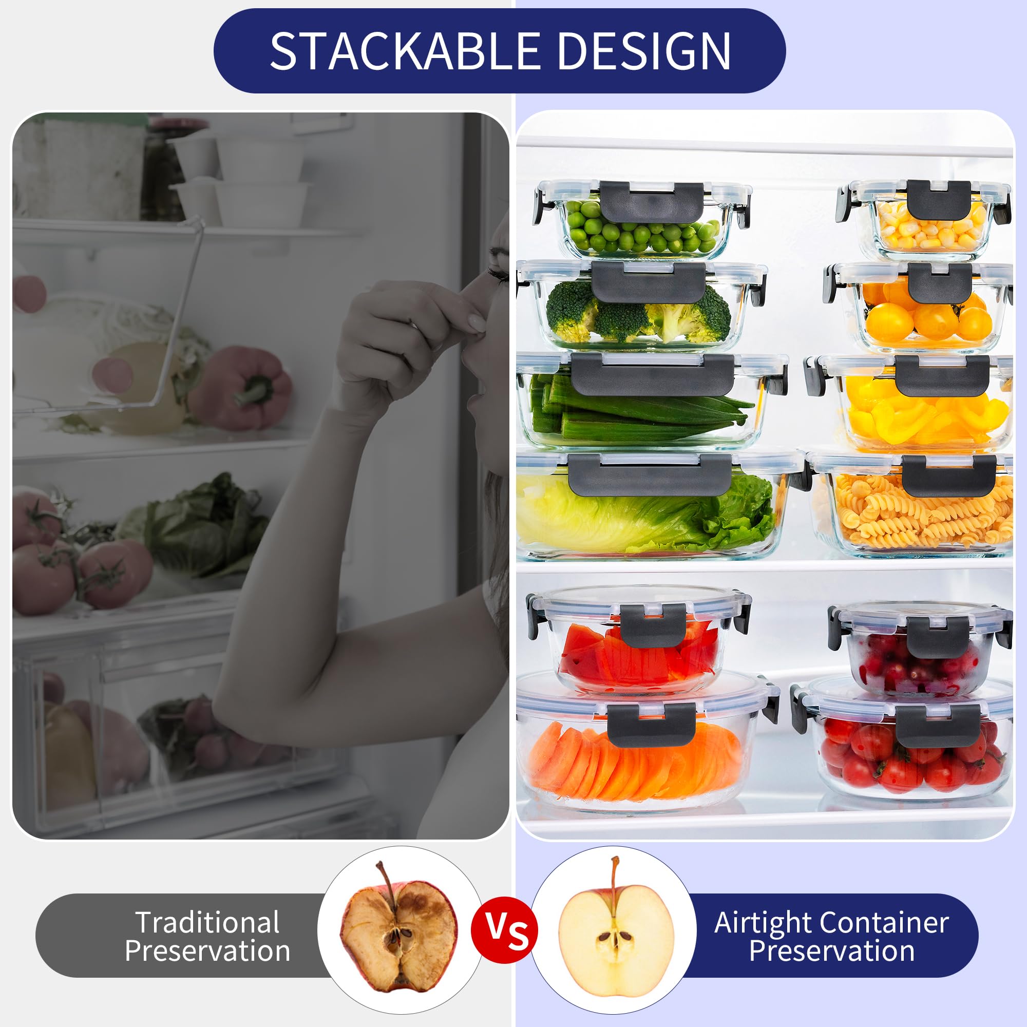 MFY stackable design saves cabinet space when storing multiple meals.
