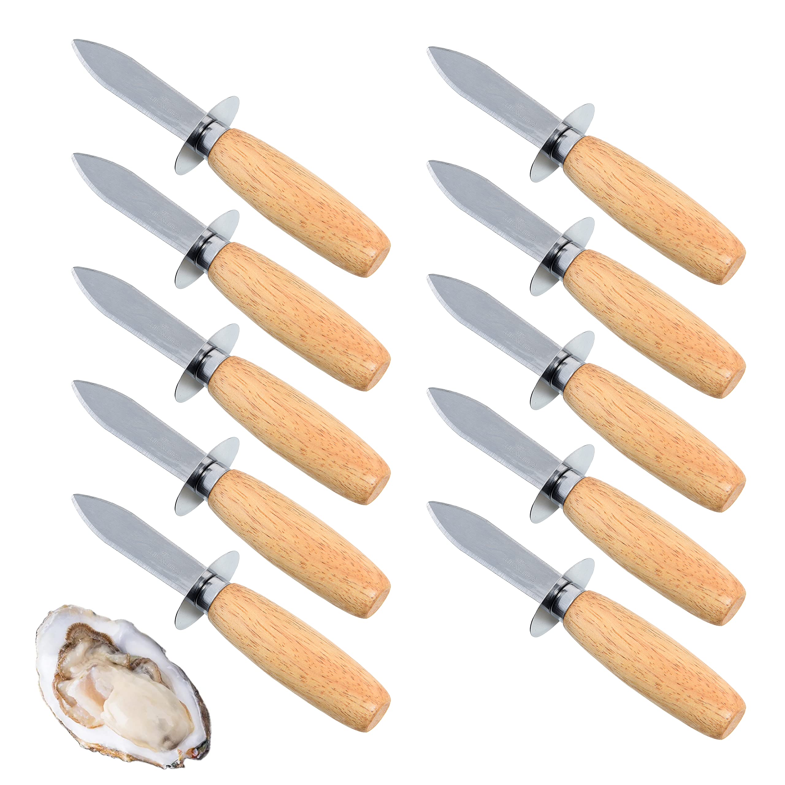 MGTECH oyster knives with wooden handles in a 10-pack set for shucking.