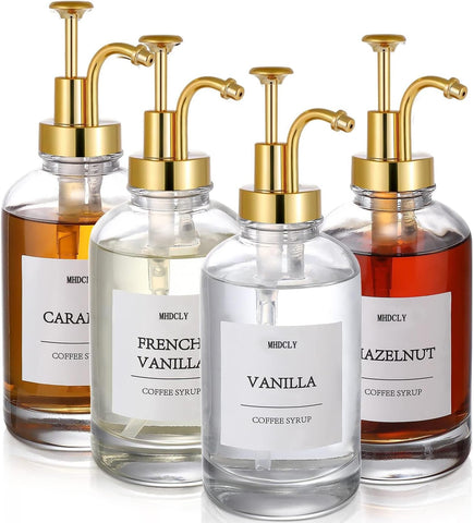 MHDCLY coffee syrup dispenser with gold pump for organized service