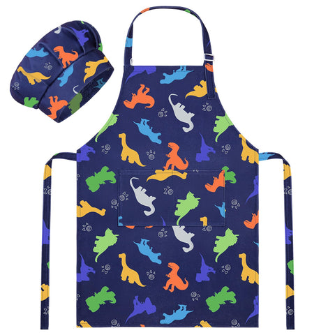 MHJY kids apron with dinosaur print for fun cooking and easy cleanup.