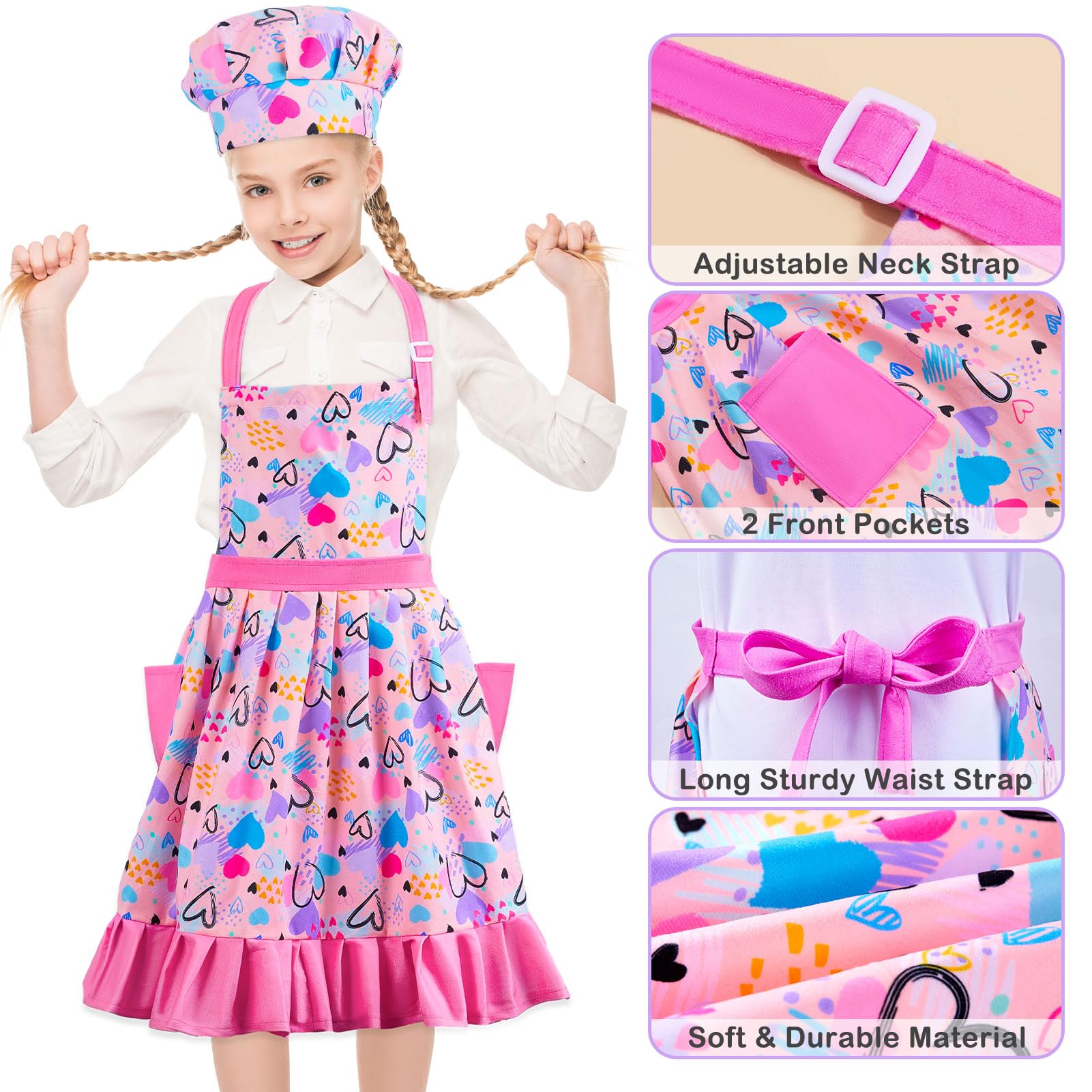 MHJY Apron Hat Set showing adjustable neck strap for growing kids.