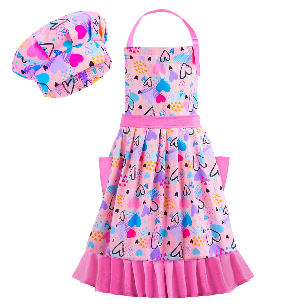 MHJY Kids Apron Set with floral pleated skirt, ideal for baking and crafts.