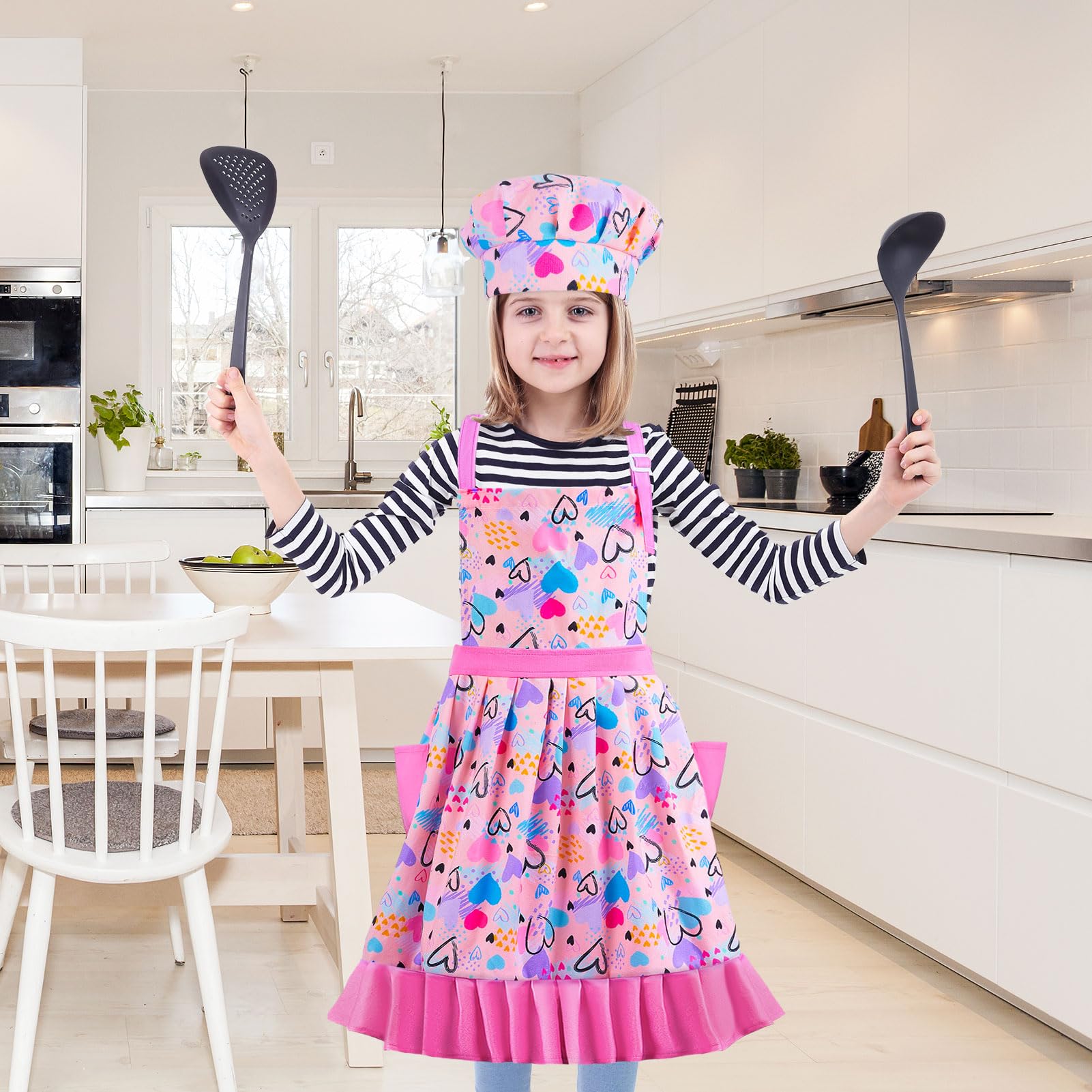 MHJY Large size (ages 8-12) shown for kitchen play and party prep.