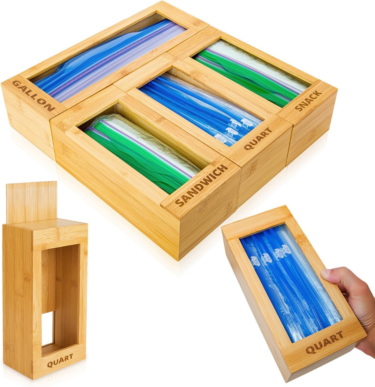 mHomeBilt bamboo bag storage organizer back panel with easy refill access.