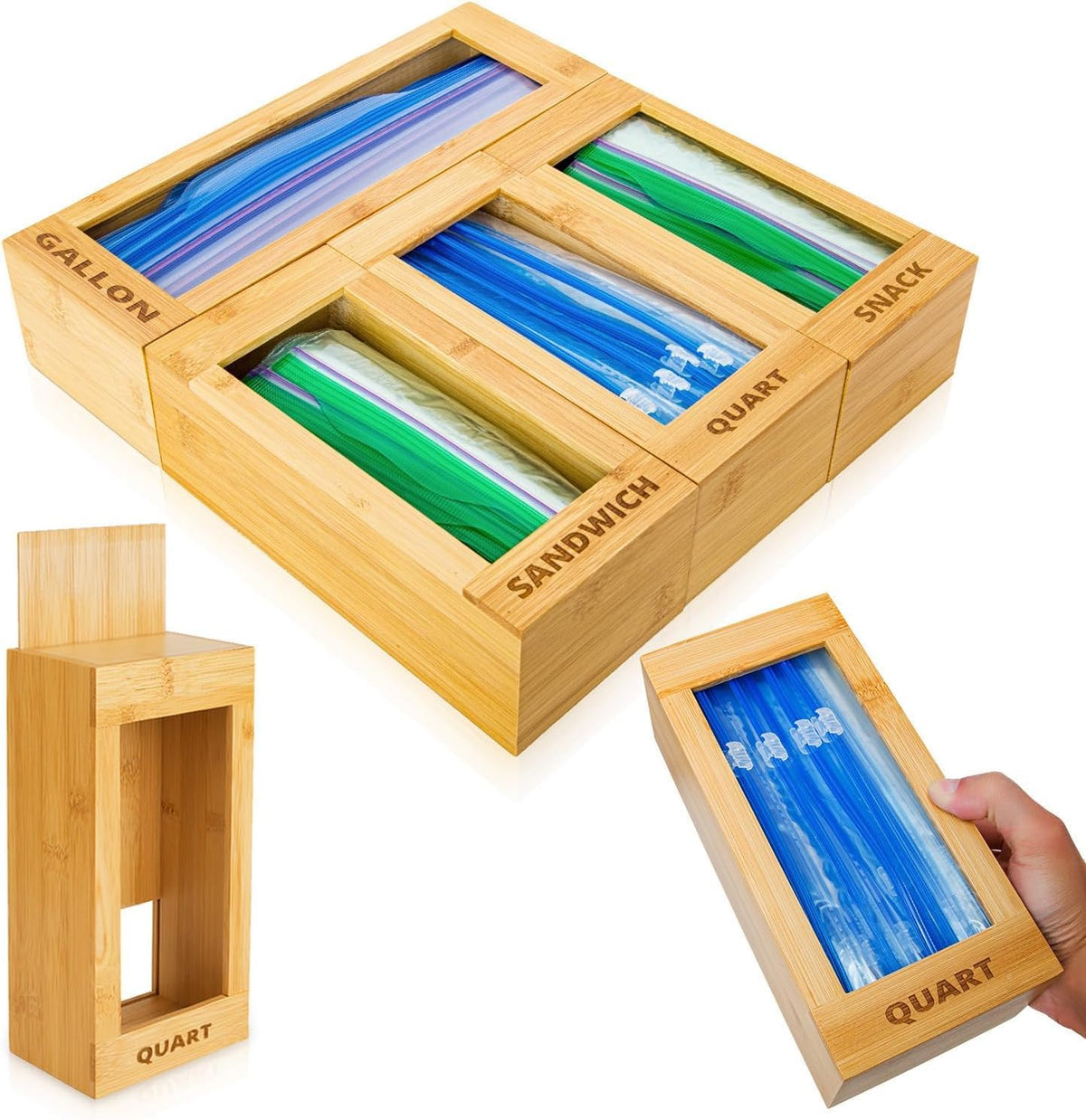 mHomeBilt bamboo bag storage organizer back panel with easy refill access.