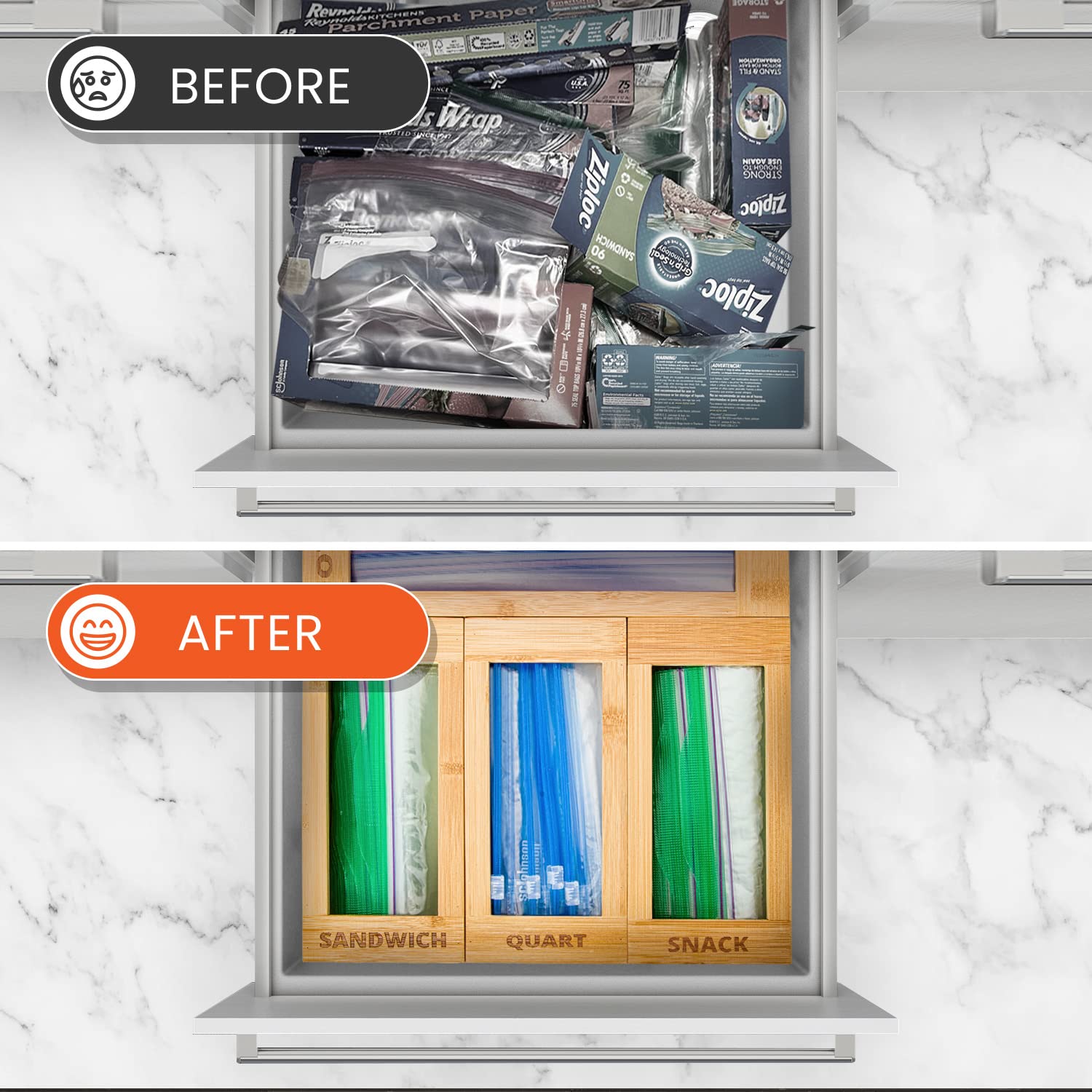 mHomeBilt bamboo drawer setup showing organized, stylish kitchen storage.