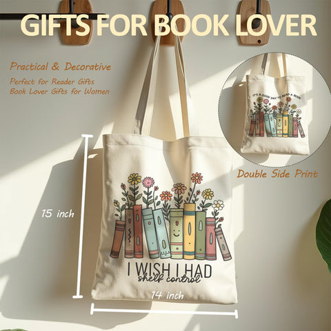 MHSMHL bookish tote bag carrying essentials for library trips and commutes