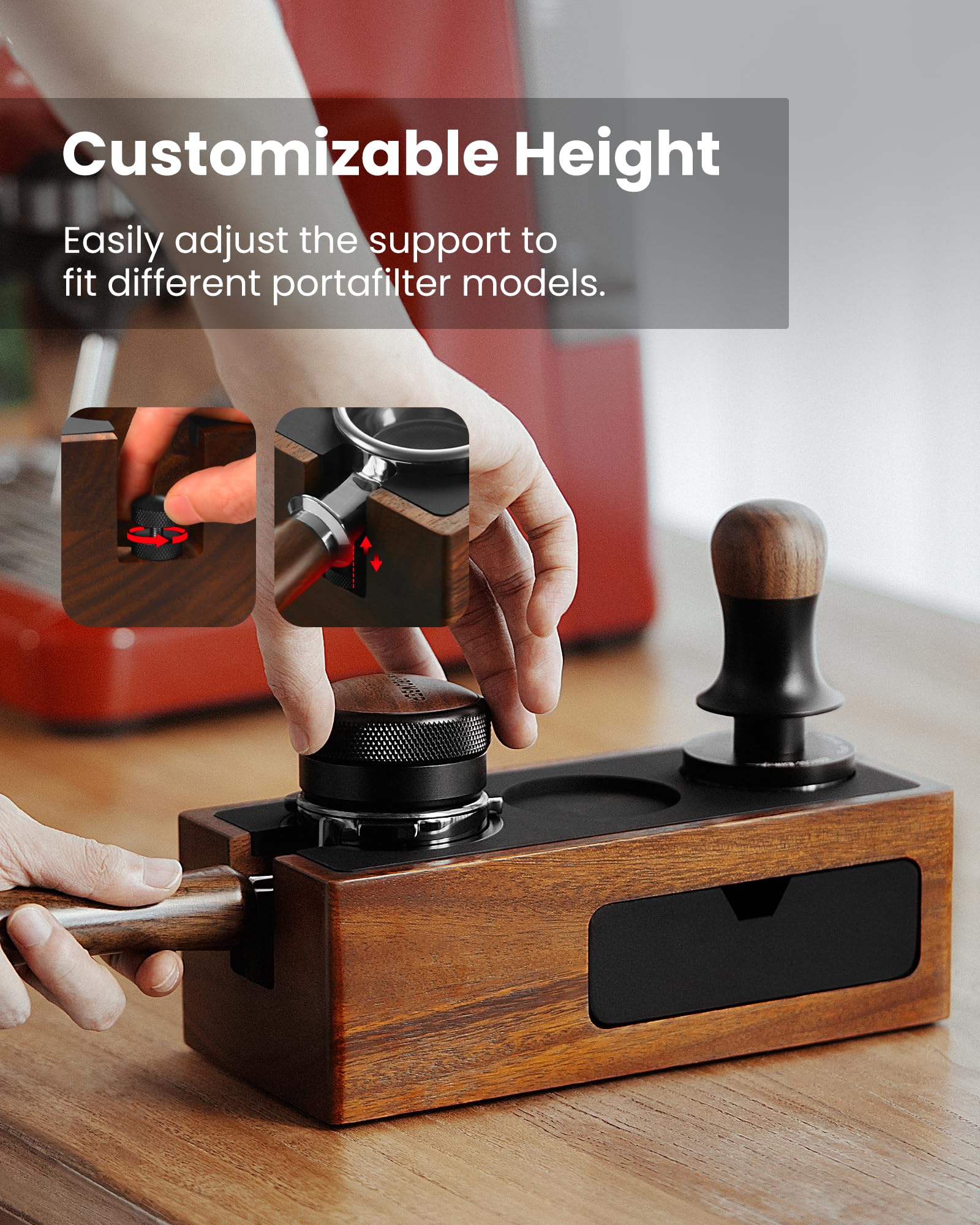 Removable groove fits 51–58 mm portafilters for flexibility.