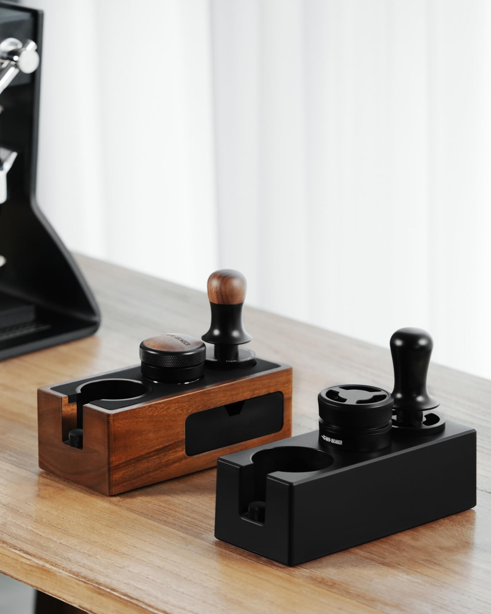 MHW-3BOMBER black finish adds a modern look to espresso setup.