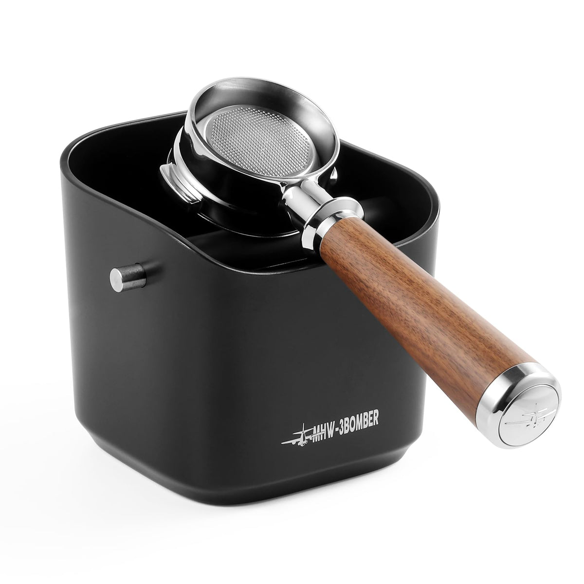 MHW-3BOMBER espresso knock box front view showing large capacity for home baristas.