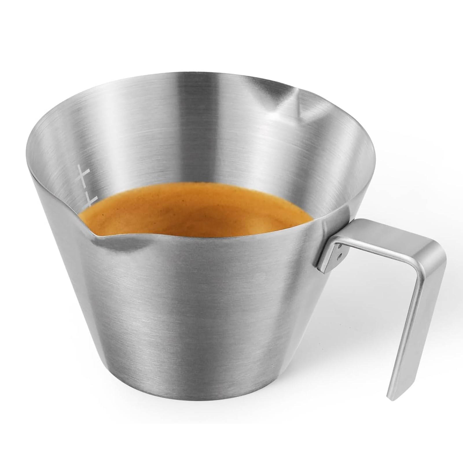 MHW-3BOMBER espresso measuring cups, top view, highlighting durable stainless build for precise pours.